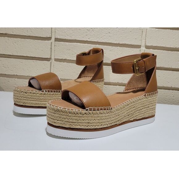 NIB See By Chloe Glyn Leather Tan Espadrille Platform Wedge Sandal Size EU 40 - Picture 8 of 16